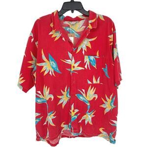 Vintage 1990s Islander Hawaiian Camp Shirt Red Bird of Paradise Floral Print